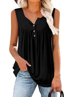 Women's Black Tank Tops Pleated Blouse Summer Sleeveless Tops Basic Tunic Shirt